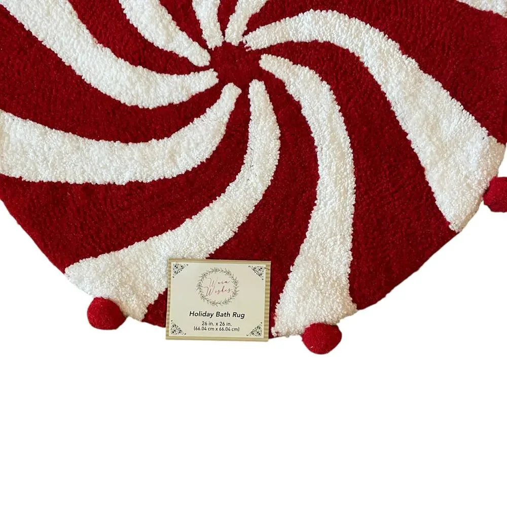 Christmas Peppermint Candy Bath Rug 26in Round Red White Holiday Decor NEW